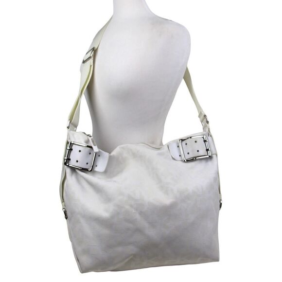 LARGE DKNY SIGNATURE WHITE JACQUARD LEATHER SHOULDER BAG CROSSBODY HOBO PURSE - Picture 2 of 14